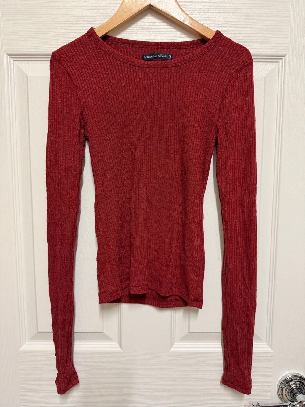 Abercrombie & Fitch Ribbed Long-Sleeve Crewneck Top - Deep Red